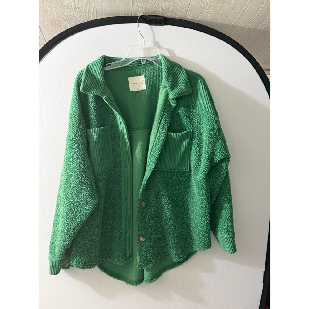 American Eagle Medium Green Sherpa Shacket Teddy Fleece Overshirt Jacket